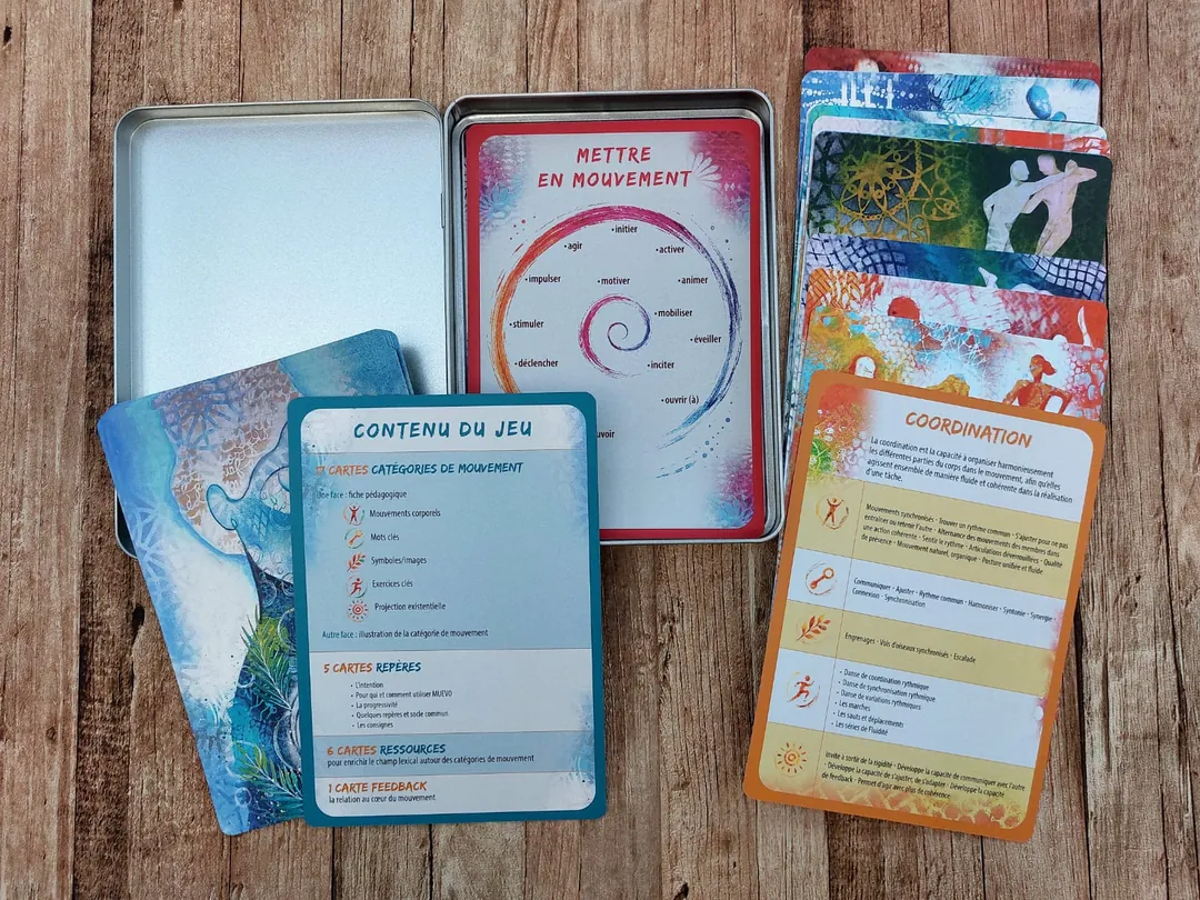 Le coffret MUEVO ouvert, ses fiches pédagogiques et ses cartes illustrées